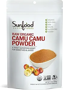 Sunfood Superfood Raw Organic Camu Camu Powder - Camu Camu Powder Organic, Camu Camu Berry C-vitamin Powder til Juice og Smoothies, USDA Organic, Non GMO - 3,5 oz Bag