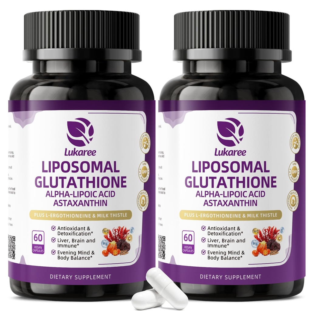Liposomal Glutathione 500mg, Nighttime Beauty & Liver Support with Milk Thistle, Alpha Lipoic Acid, Astaxanthin | 15-in-1 Antioxidant Complex for Skin & Cellular Support, 60*2 Vegan Capsules