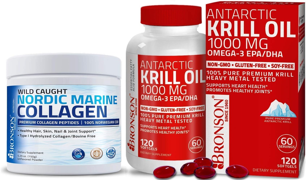 Bronson Marine Collagen Peptider Hydrolyseret protein pulver + antarktisk krill Oil 1000 mg med Omega- 3s EPA DHA