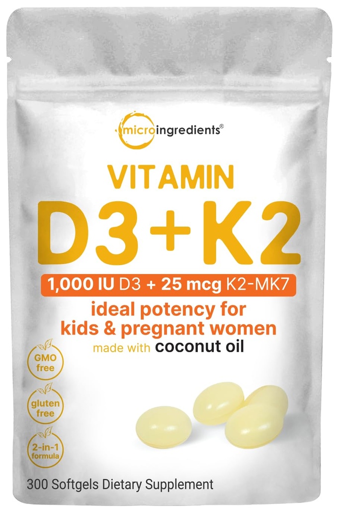 Micro Ingredients Vitamin D3 1.000 IE + K2 MK- 7 25 mcg, 300 Softgels against 124; Virgin Coconut Oil Removal 124; 2- in-1 Bone, immunforsvar & hjerte Support 124; Let at synke, Non- GMO