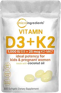 Micro Ingredients Vitamin D3 1.000 IE + K2 MK- 7 25 mcg, 300 Softgels against 124; Virgin Coconut Oil Removal 124; 2- in-1 Bone, immunforsvar & hjerte Support 124; Let at synke, Non- GMO