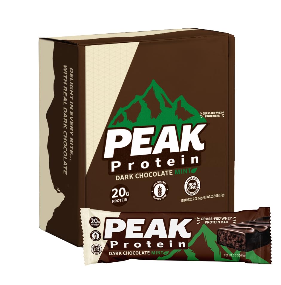 PEAK PROTEIN BARS - Dark Chocolate Mint - Natural - Grass-Fed Whey - 20G Protein - Non GMO - Gluten Free - Real Dark Chocolate (12 Pack)