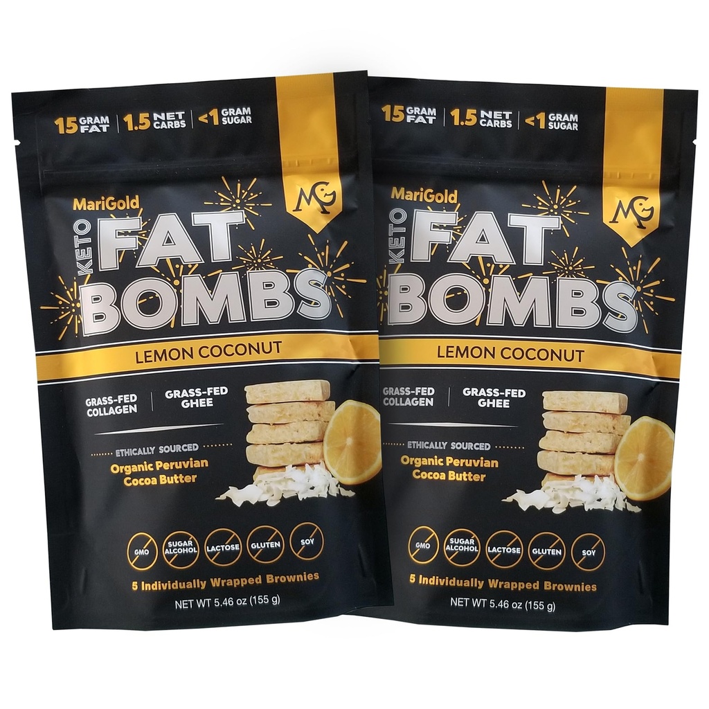 MariGold Keto Fat Bombs - Lemon Coconut - Low Carb, Collagen Rich, Grass-fed Ghee, Organic Cocoa Butter, Gluten-Free, Non-GMO (2 bags, 5 Servings Each)