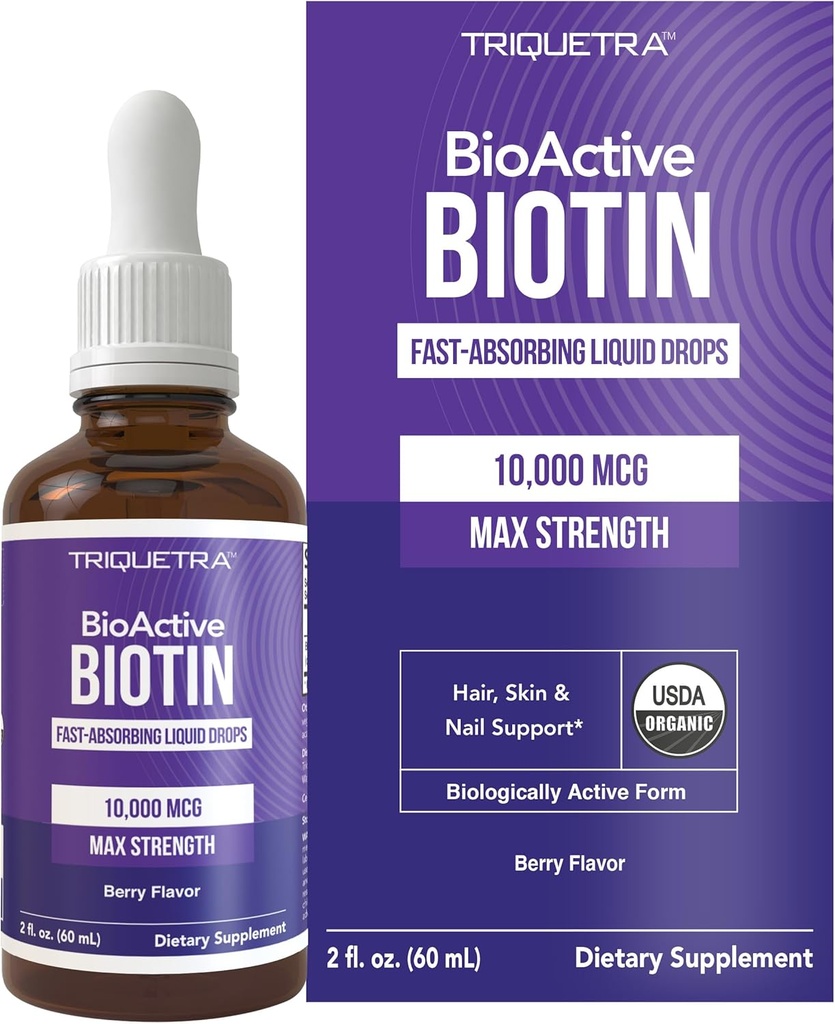 Triquetra sundhed Biotin hår støtte til kvinder - Økologisk 10000mcg USP Grade - Premium flydende supplement til høj absorption - Understøtter sundt hår, hud & negle - Berry Flavor - 180 Servering - 2 oz