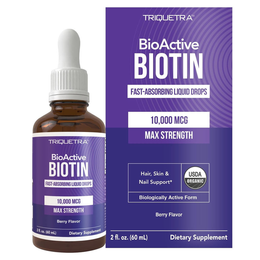 Triquetra sundhed Biotin hår støtte til kvinder - Økologisk 10000mcg USP Grade - Premium flydende supplement til høj absorption - Understøtter sundt hår, hud & negle - Berry Flavor - 180 Servering - 2 oz