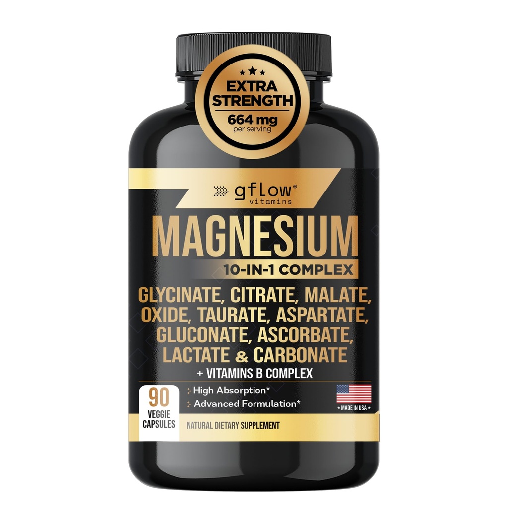 Magnesiumkompleks - 10 aktive former, Glycinat, Citrat, Malat, Oxide, Taurat, Aspartat, Gluconat, Ascorbat, Lactat, Carbonat, Plus mere med vitamin C B1 B2 B6 B12