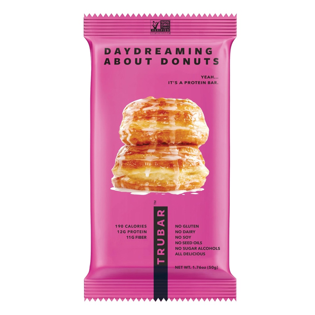 TRUBAR Vegan Protein Bar, Daydreaming About Donuts, Gluten Free, Plant Based Protein, Dairy Free, Non GMO, Soy Free, No Sugar Alcohols, 12G Protein, 12G Fiber, 23G Carb, On the Go Snack Bars, 1 CT