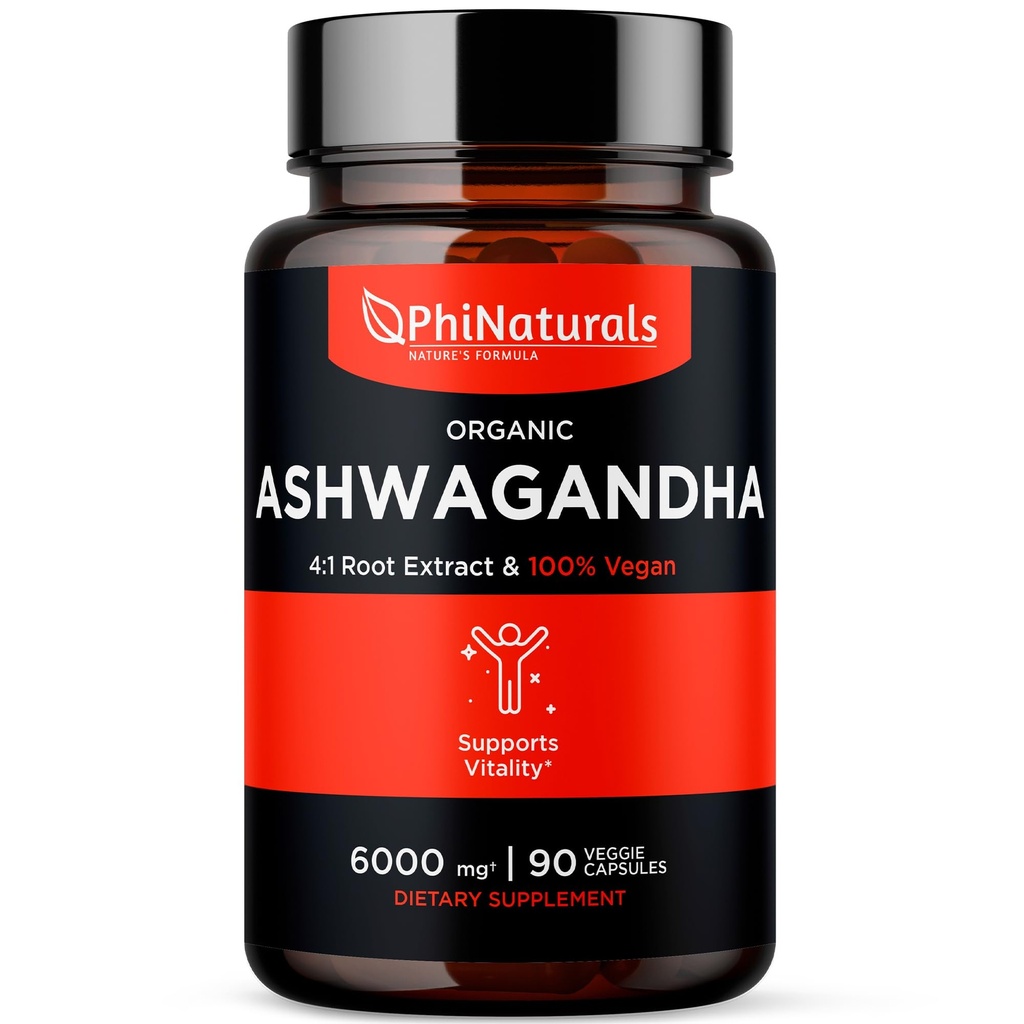 PhiNaturals Organic Ashwagandha Root Extract in Vegan Capsules Equal to 6000 Mg Root - Ashwaganda supplement til mænd og kvinder med 1500 Mg Per Servering 30 Servering - 500mg Per Vegan Capsule 90 Greve