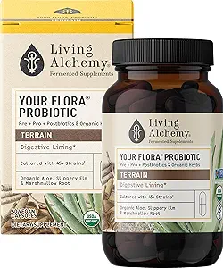 Din Flora Probiotic Terrain - Non- GMO Probiotika med gæret Soybean, Aloe Vera, & Slippery Elm til Gut Balance & fordøjelse - Prebiotika, Postbiotika, fordøjelsesenzymer - Living Alchemy, 60 Pcs