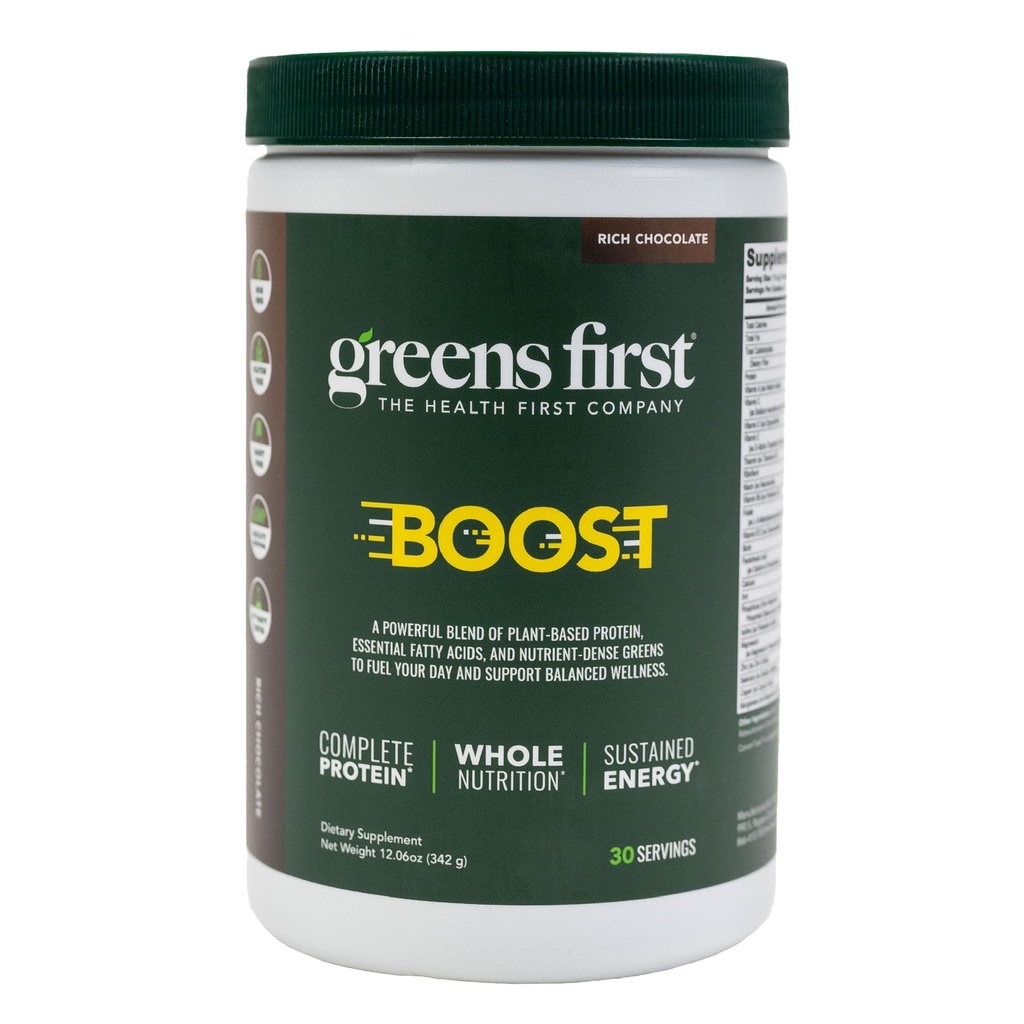 Green First Boost - Plantbaseret protein & Balanced Nutrition - Superfood Shake Mix - Ingen hvede eller soja - Dairy- Gratis - Vegan - Hollandsk chokolade, 12.28 oz.