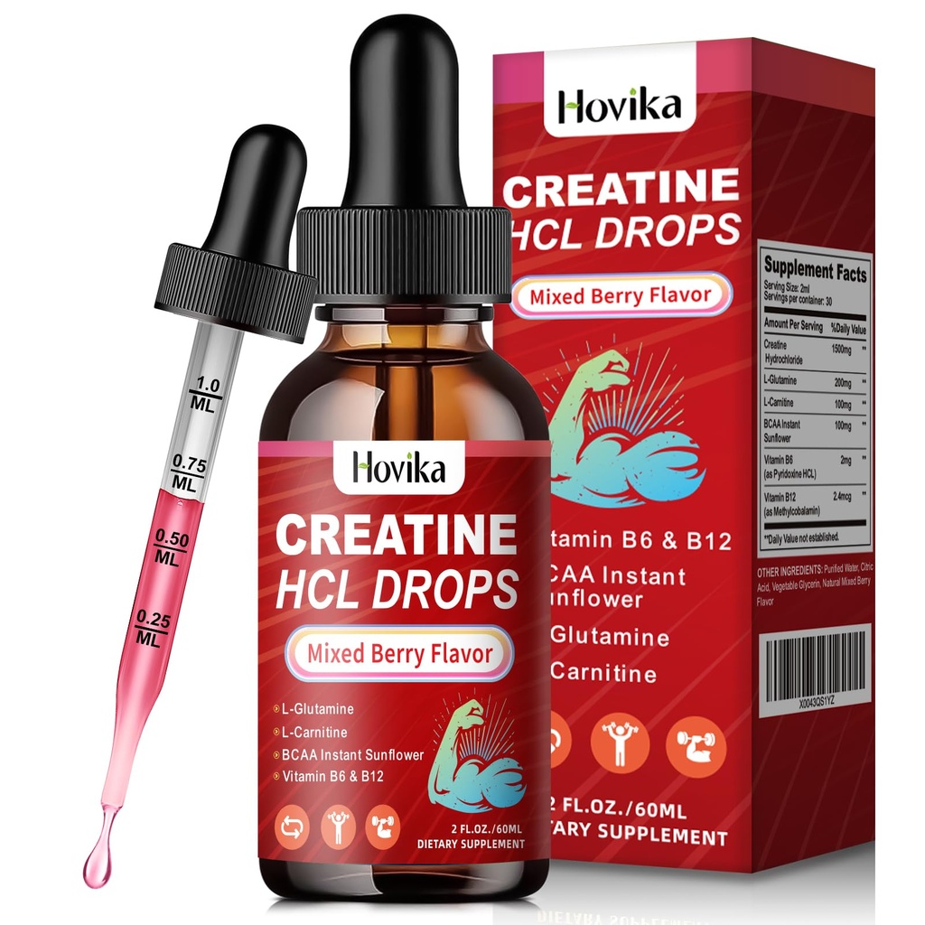 Creatin HCL flydende dråber til mænd og kvinder, Creatin hydroklorid med L- Carnitin, L- Glutamin, BCAA, vitamin B12 & B6 for muskelvækst & Recovery- Vegan, blandet berry flavor, 2 Fl Oz