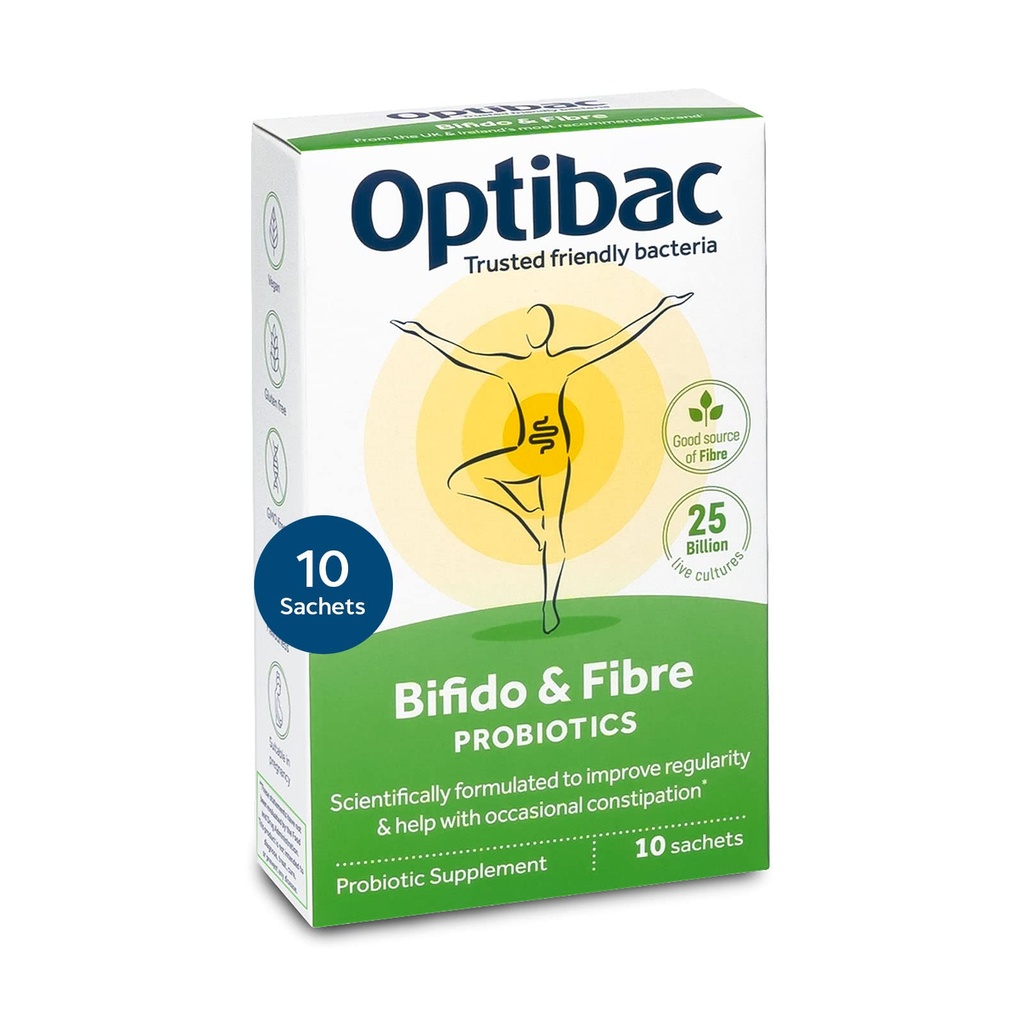 Optibac Probiotics Bifido & Fibre - Vegan Probiotics for Digestive Health & Occasional Constipation, 25 Billion CFU & Prebiotic - 10 Sachets
