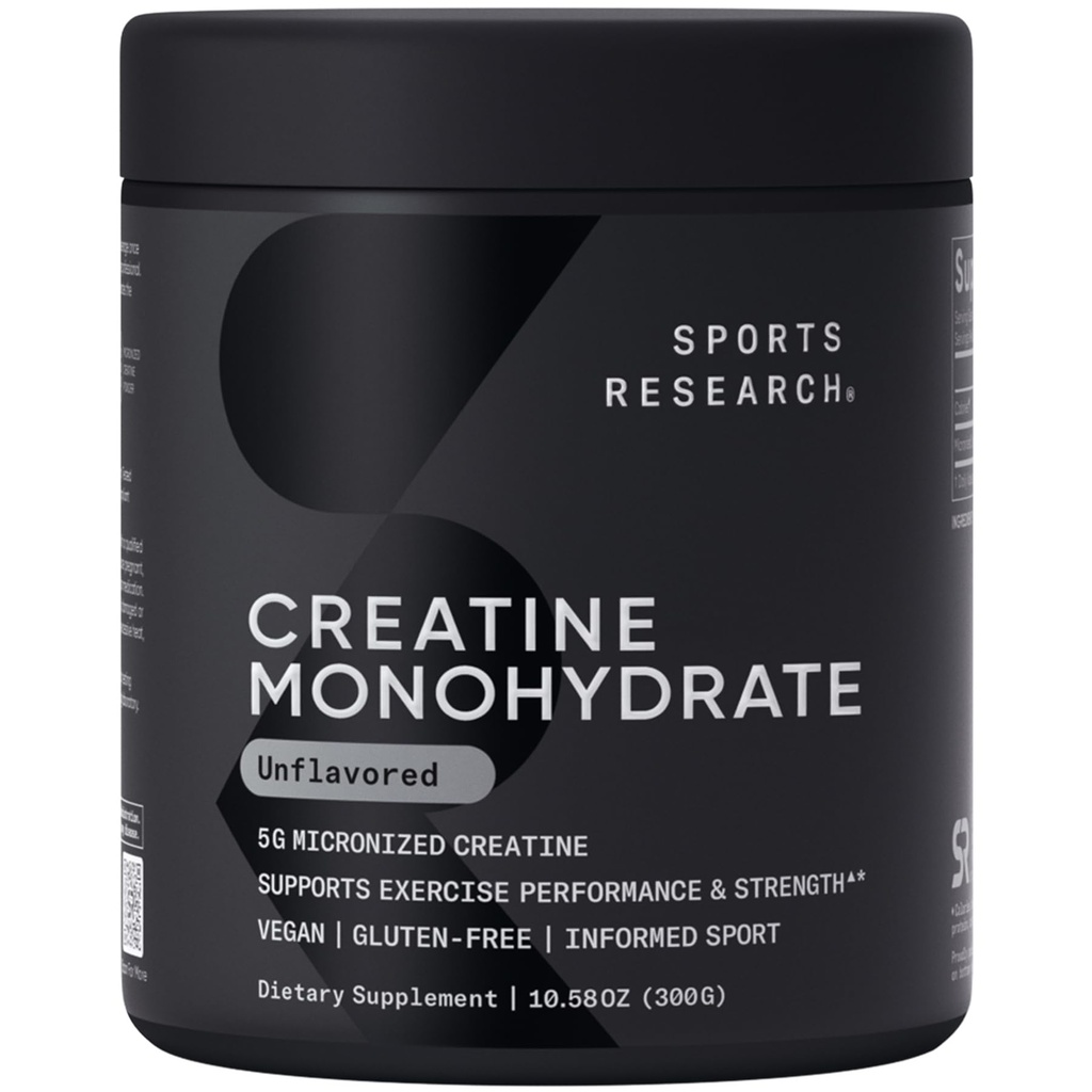 Sports Research Creatinine monohydrat - Gain Lean Muscle, Forbedre ydeevne og styrke og støtte Workout Inddrivelse - 5 g Mikroniseret Creatin - 10.58 oz