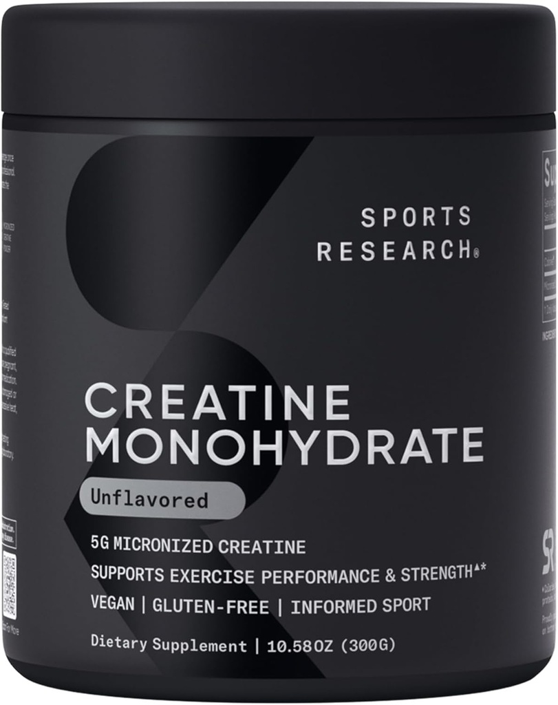 Sports Research Creatinine monohydrat - Gain Lean Muscle, Forbedre ydeevne og styrke og støtte Workout Inddrivelse - 5 g Mikroniseret Creatin - 10.58 oz