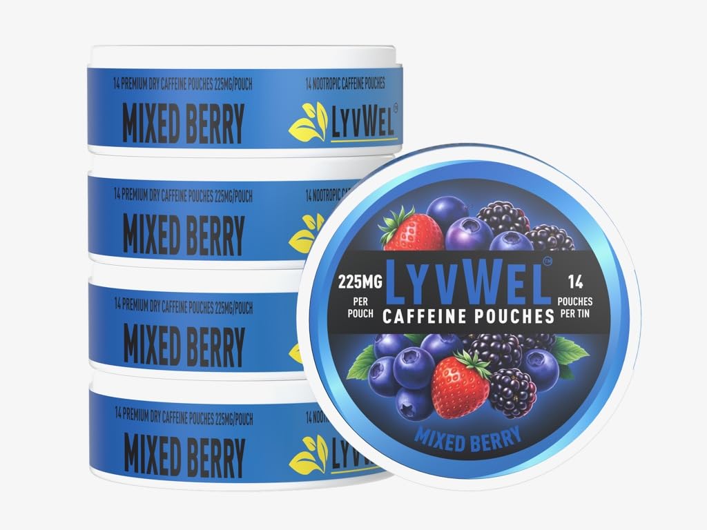 LyvWel 225mg Caffeine Pouches, Guarana-Powered Energy Pouches, Nootropic Pouches, Nicotine Free Pouches & Tobacco-Free (5 Pack, Mixed Berry)