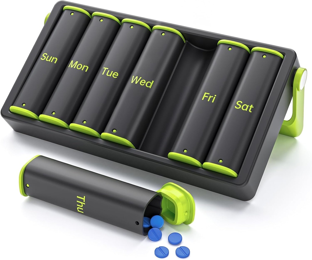 Ugentlig Pill Organizer 2 gange om dagen, KOVIUU Stor Travel Pill Box 7 dag, Am Pm to gange daglig Pill sag med roterende håndtag, Pill Holder Container for Vitamin, Medicin, tillæg, Fish Oil, Grøn