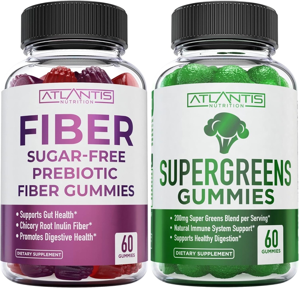 Atlantis Nutrition Sugar Free Prebiotic Fiber Gummies til voksne 2- Pack (120 Gummies) + Supergreens 60 Gummies