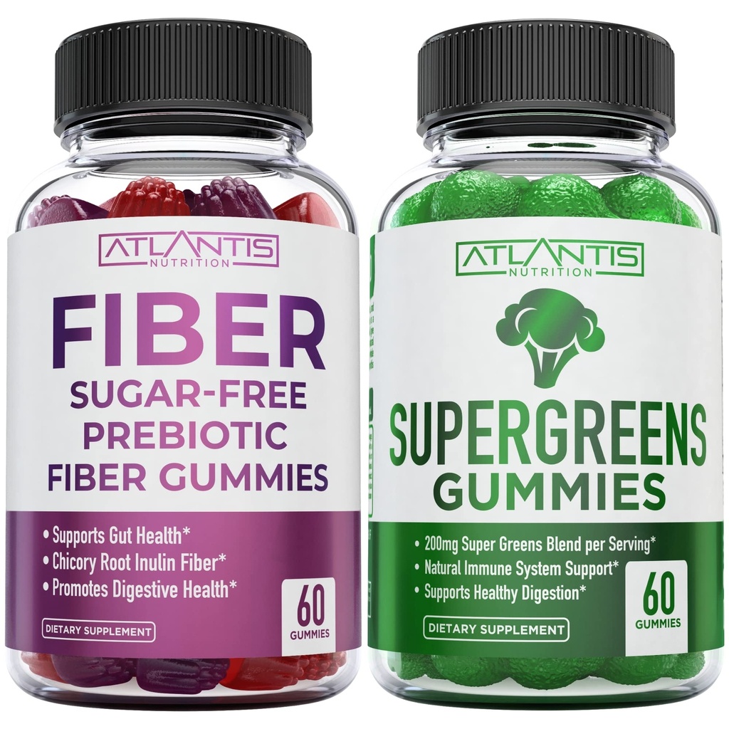 Atlantis Nutrition Sugar Free Prebiotic Fiber Gummies til voksne 2- Pack (120 Gummies) + Supergreens 60 Gummies