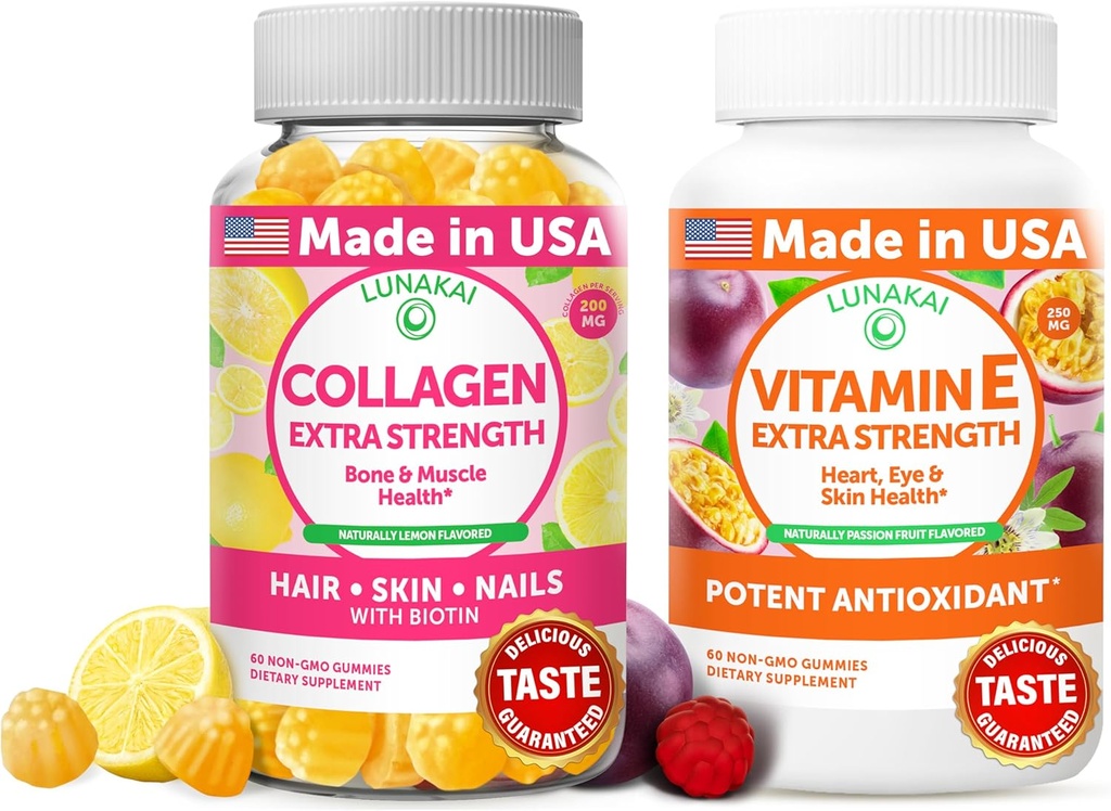 Lunakai Collagen og E-vitamin Gummies Bundle - Ikke-GMO Anti Aging Kosttilskud til mænd og kvinder - Natural Gummy med C-vitamin & 250 mg Natural VIT E