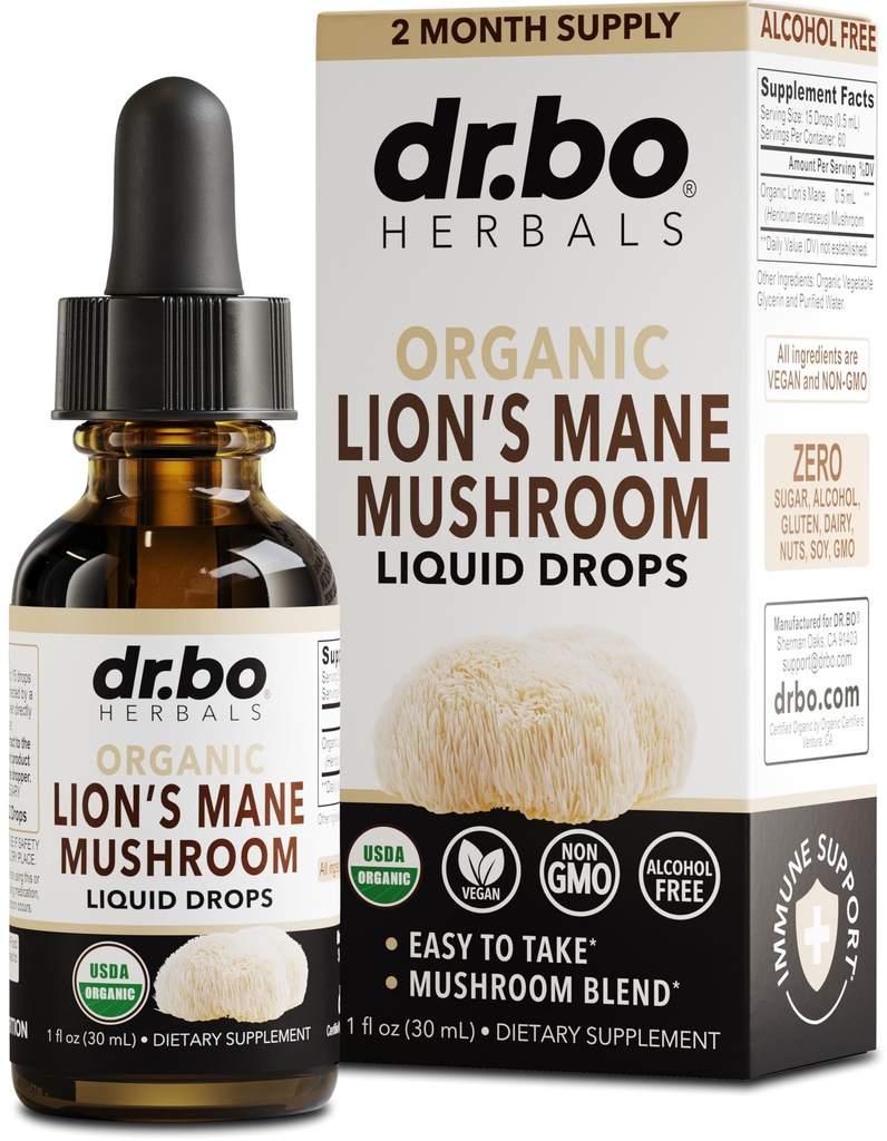 Lions Mane Mushroom Supplement Drops - Organic Lions Mane Mushroom Flydende tinktur til fokus, Fog Brain Health Kosttilskud - Vegan Herbal Nervine Nootrop Organic Lions Liquid Supplement Extract 1oz