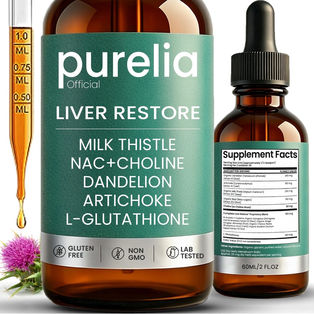 Liver Restore, Complete Liver Support | Milk Thistle, NAC + Choline, Dandelion, Artichoke, L-Glutathione | for Liver Cleanse & Repair - 2 FL.OZ (1PCS)