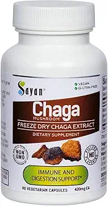 Sayan Siberian Chaga Mushroom Extract - 90 kapsler / 420mg ea - Natural & Wild- Høst Antioxidant Supplement - Immunsystemet Support & Regulere kropsfunktioner - Vegan, Non- GMO, Ingen Fillers eller tilsætningsstoffer