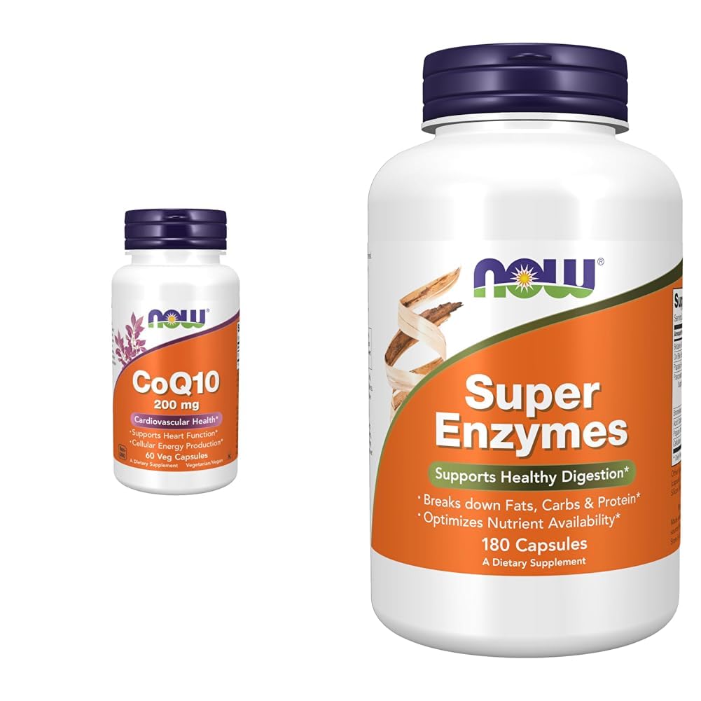 Now Supplements, CoQ10 (Coenzym Q10) 200 mg, Cardiovaskulær Health *, 60 Veg Kapsler & Kosttilskud, Super Enzymes, Formuleret med Bromelain, Ox Bile, Pancreatin og Papain, 180 Kapsler