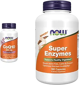 Now Supplements, CoQ10 (Coenzym Q10) 200 mg, Cardiovaskulær Health *, 60 Veg Kapsler & Kosttilskud, Super Enzymes, Formuleret med Bromelain, Ox Bile, Pancreatin og Papain, 180 Kapsler