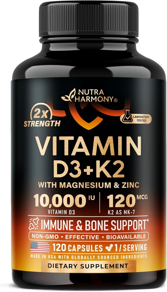 Vitamin D3 K2 - Vitamin D3 10000 iu & K2 som MK- 7 120 mcg - Immun & Mood Support, for ben & tænder sundhed - med Magnesium, Zink & vitamin C & B12 - Meget biotilgængelig - Lavet i USA, 120 kapsler