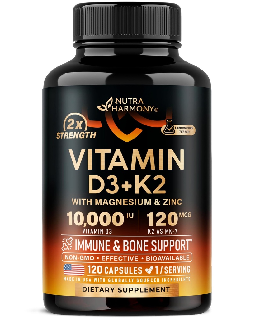 Vitamin D3 K2 - Vitamin D3 10000 iu & K2 som MK- 7 120 mcg - Immun & Mood Support, for ben & tænder sundhed - med Magnesium, Zink & vitamin C & B12 - Meget biotilgængelig - Lavet i USA, 120 kapsler