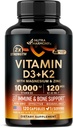 Vitamin D3 K2 - Vitamin D3 10000 iu & K2 som MK- 7 120 mcg - Immun & Mood Support, for ben & tænder sundhed - med Magnesium, Zink & vitamin C & B12 - Meget biotilgængelig - Lavet i USA, 120 kapsler