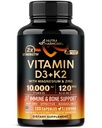Vitamin D3 K2 - Vitamin D3 10000 iu & K2 som MK- 7 120 mcg - Immun & Mood Support, for ben & tænder sundhed - med Magnesium, Zink & vitamin C & B12 - Meget biotilgængelig - Lavet i USA, 120 kapsler