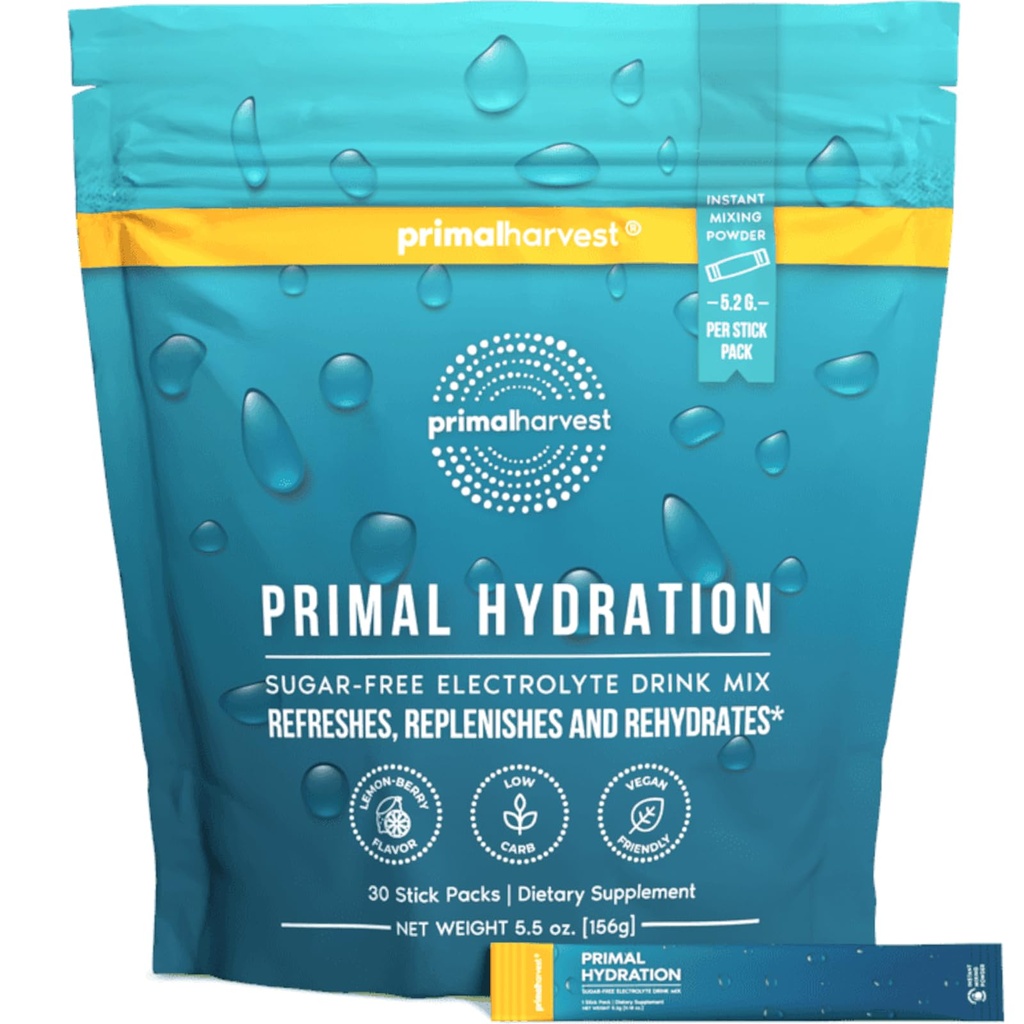 Primal Harvest Electrolytes Powder Pakker Primal Hydration, Easy Open Pakker, Energy Drink Mix (Lemon Berry, 30 Pakker) (1 Bag)