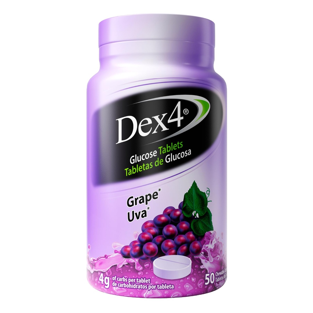 Dex4 Glucose Tablets, Fast Acting Glucose, 4g Pre-Measured Glucose per Tablet, Fat-Free, Gluten-Free, Grape, 50 Count Bottle