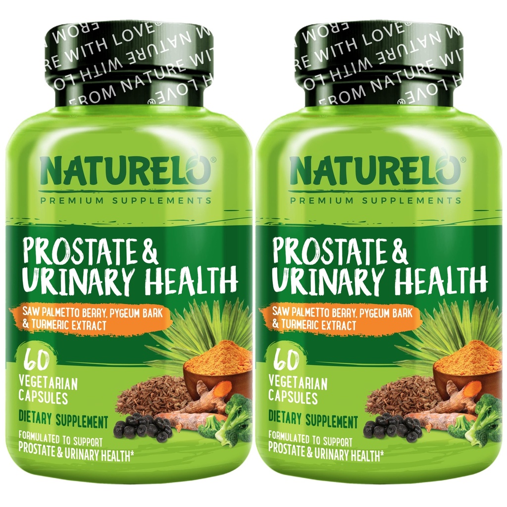 NATURELO Prostata & Urinary Health, Omfattende formel med Saw Palmetto, Pygeum, Tumerisk, Plant Steroler, Broccoli og Lycopene, 60 vegetariske kapsler (pakke med 2)