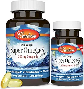 Carlson - Super Omega-3 Gems, 1200 mg Omega-3 Fedtsyrer med EPA og DHA, Wild- Fanget Norwegian Supplement, Sustainable Sourced Fish Oil Capsules, Omega 3 Kosttilskud, 100 + 30 Softels