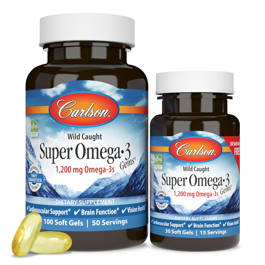 Carlson - Super Omega-3 Gems, 1200 mg Omega-3 Fedtsyrer med EPA og DHA, Wild- Fanget Norwegian Supplement, Sustainable Sourced Fish Oil Capsules, Omega 3 Kosttilskud, 100 + 30 Softels