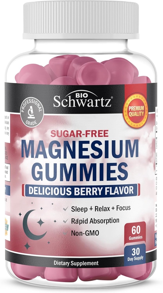 BioSchwartz Sugar Free Magnesium Gummies (30 Servere) Berry Flavored Magnesium Citrate supplement understøtter sunde nerver Muskler energi rolig mad og søvn (Vegan Safe, Non GMO, 60 Gummies)