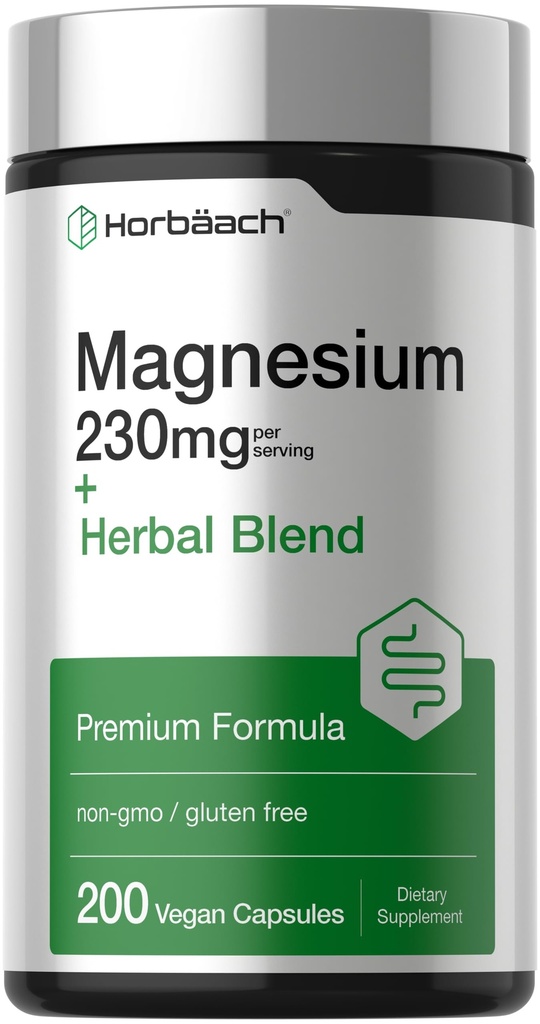 Horbaach Magnesium 230mg | Plus Herbal Blend | 200 Vegan Capsules | Gentle Cleanse | Non-GMO and Gluten Free Supplement