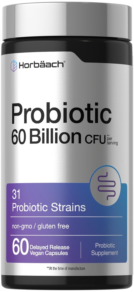 Horbäach Probiotics for Women and Men | 60 Billion CFU | 60 Capsules | 31 Probiotic Strains with Prebiotic | Non-GMO & Gluten Free Supplement
