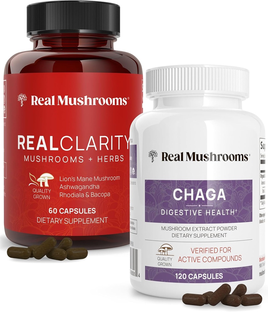 Real Mushrooms RealClarity (60ct) og Chaga (120ct) Capsules Bundle - Mushroom Supplement for Mental Clarity, Fokus, fordøjelsesmæssig sundhed & immunforsvar - Vegan, ikke-GMO, verificerede niveauer af Beta- glucans