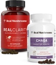 Real Mushrooms RealClarity (60ct) og Chaga (120ct) Capsules Bundle - Mushroom Supplement for Mental Clarity, Fokus, fordøjelsesmæssig sundhed & immunforsvar - Vegan, ikke-GMO, verificerede niveauer af Beta- glucans