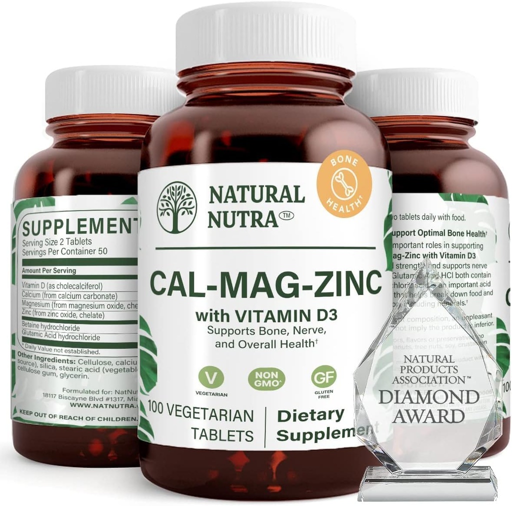 Naturlig Nutra Calcium Magnesium Zink (Cal- Mag Zink) tillæg med vitamin D3 for ben styrke, hjælper med at forbedre fordøjelsen, sundhed Gluten fri og sukker fri, Essential Mineral Complex (100 greve)