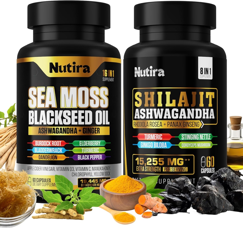 Sea Moss & Shilajit Multivitamin Bundle - Sea Moss 7000mg, Shilajit 9000mg, Black Seed Oil 4000mg, Ashwagandha 2000mg, Ginger & Rhodiola Rosea 1000mg, All in 1 Supplements (60 Count) (1 Pack)