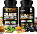 Sea Moss & Shilajit Multivitamin Bundle - Sea Moss 7000mg, Shilajit 9000mg, Black Seed Oil 4000mg, Ashwagandha 2000mg, Ginger & Rhodiola Rosea 1000mg, Alle i 1 tillæg (60 Greve) (1 pakke)