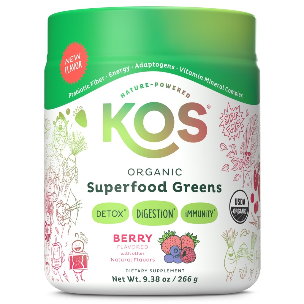 KOS Organic Superfood Green Powder - Gut Health fra Prebiotic Fiber, Supergreens og Adaptogens - USDA Certified Organic, Lavet i en GMP Certified Facility - 28 Servere Berry