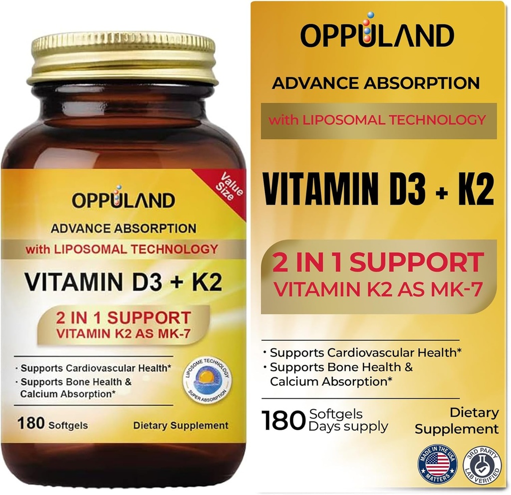 D3- vitamin + K2 5000 IE - Liposomal Technology for Enhanced Absorption - MK- 7 Vitamin K2 100mcg - Understøtter Bone & Calcium Metabolisme - D3K2 Supplement for mænd og kvinder - 180 Softgels