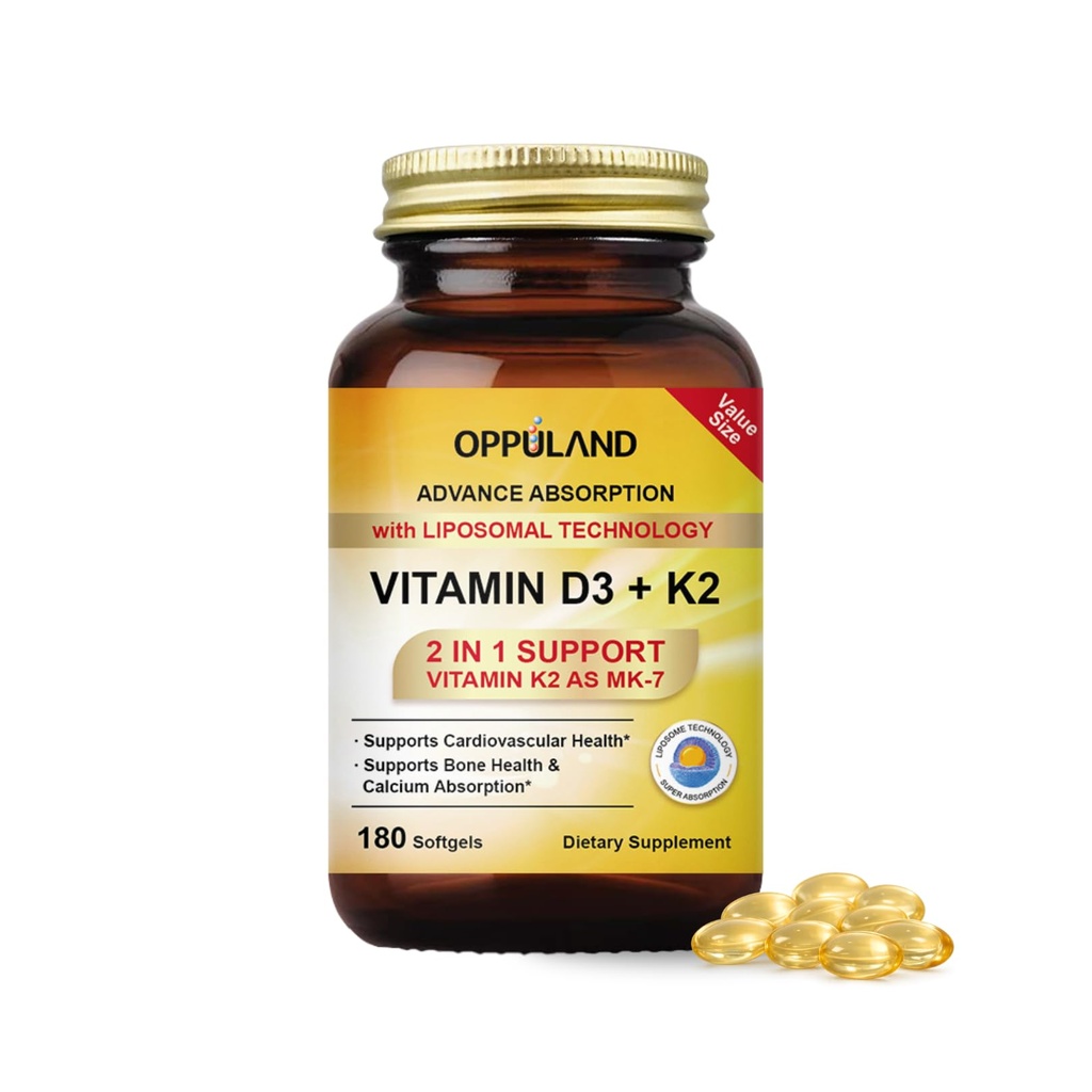D3- vitamin + K2 5000 IE - Liposomal Technology for Enhanced Absorption - MK- 7 Vitamin K2 100mcg - Understøtter Bone & Calcium Metabolisme - D3K2 Supplement for mænd og kvinder - 180 Softgels