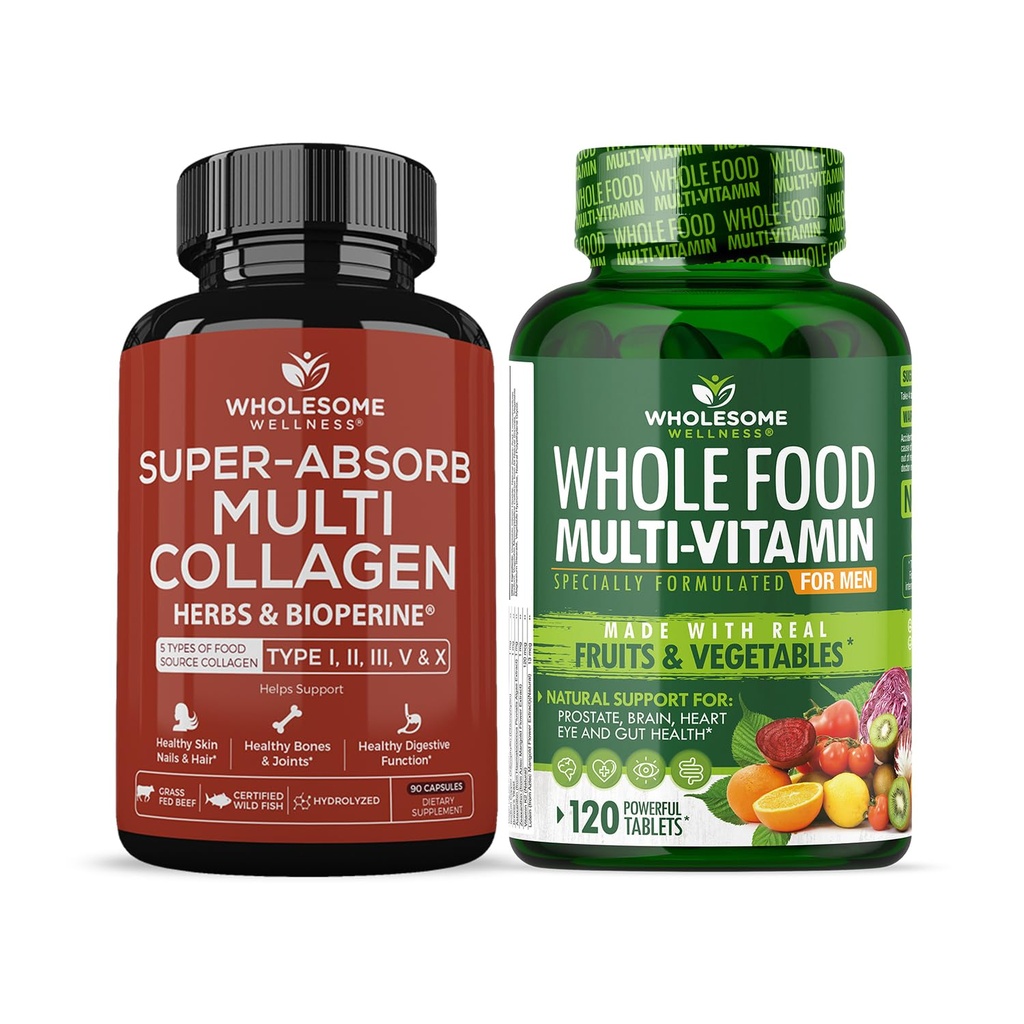 Grossic Wellness Super- Absorb Multi Collagen piller (type I II III V X) Økologiske urter og bioperine + hel mad Multivitamin til mænd - naturlige Multi Vitamin, mineraler, Økologiske Ekstrakter Bundle