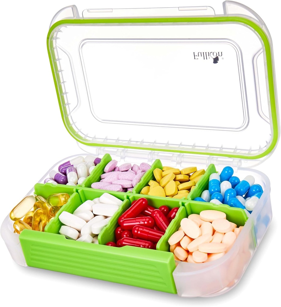 Fullicon Stor Pill Organizer med 8 afdelinger, Fugt Bevis Travel Pill Box med Aftagelig Divider, Daily Pill Container med Lables, Pill sag for Vitamin, Fiskeolie, tillæg (Clear Green)